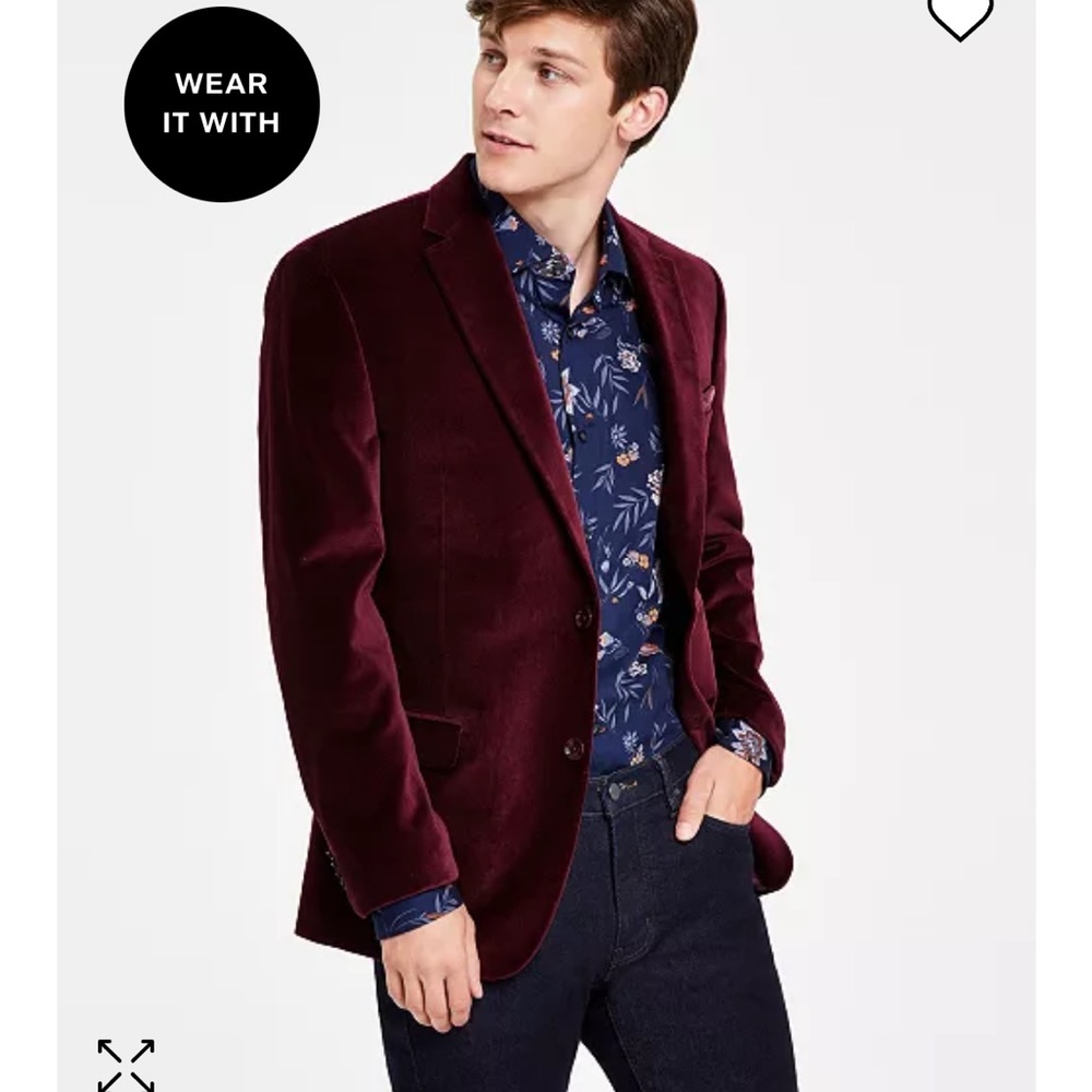 Men’s Slim-fit Solid Velvet Blazer - Maroon 40L